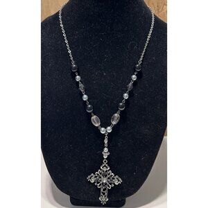 black silver Tone rosary Style Cross Pendant  necklace Christian Jesus